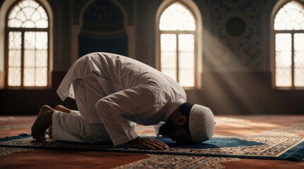 Fototapeta premium Muslim man bows head to prayer rug in mosque interior. Sunbeams stream through arched windows creating serene atmosphere. Man wears white thobe and kufi cap for Islamic worship.