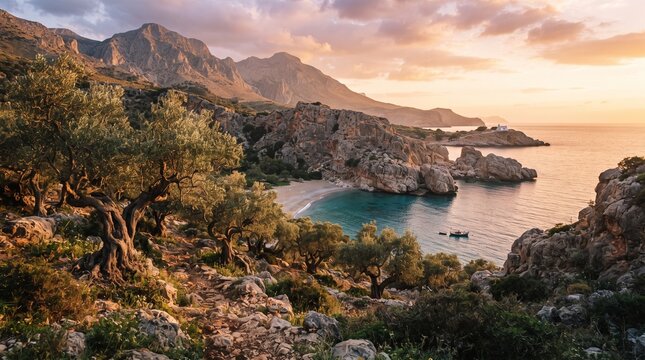 Stunning golden hour view of a hidden Mediterranean cove featuring ancient olive trees in the foreground, rugged rocky cliffs, and calm turquoise waters under a soft sunset sky on Crete, Greece
