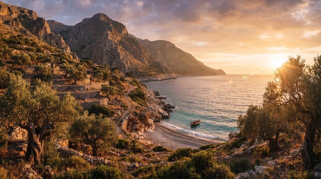 Breathtaking sunset over a serene Mediterranean cove with rocky mountains, ancient olive trees, and tranquil turquoise waters in a picturesque coastal landscape, Greece.