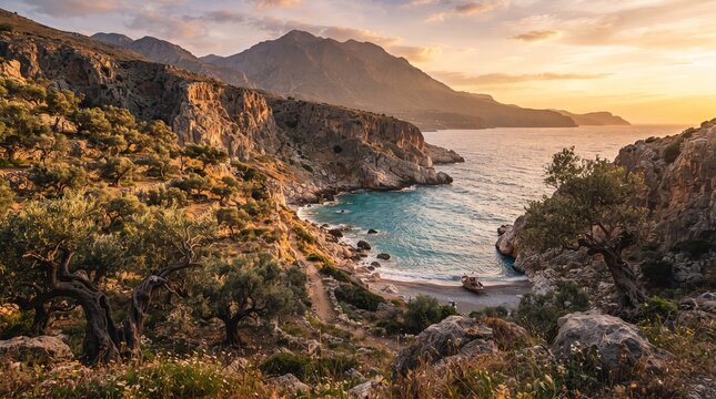 A serene sunset view over a hidden Mediterranean cove featuring rugged rocky cliffs, olive trees on the hillside, and calm turquoise waters along a pebble beach in a tranquil coastal landscape.
