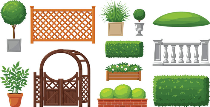 Garden landscape elements collection with wooden arch gate fence stone balustrade hedge and potted plants vector