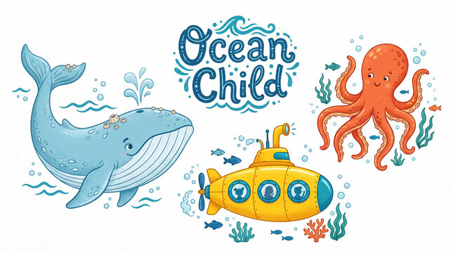 Ocean child sea life illustration set.