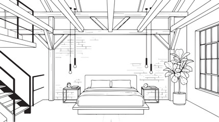 Industrial loft bedroom line art illustration, modern bedroom interior with wooden beams and brick wall, minimalist home sketch vector isolated on White Background © Iram