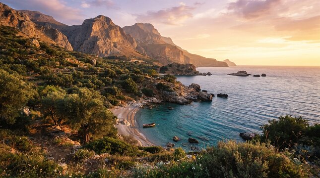 Breathtaking Sunset View Over a Secluded Mediterranean Coastal Cove Surrounded by Rugged Mountains and Lush Greenery on a Serene Summer Evening