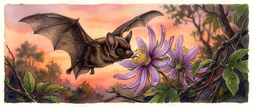 Small bat flying near purple flower at sunset with soft light