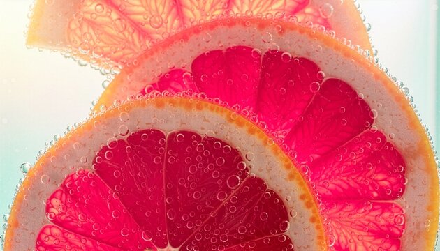 Fresh Pink Grapefruit Slices with Sparkling Water Bubbles Macro Background