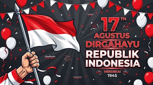 17 Agustus Dirgahayu Republik Indonesia banner with hand holding Indonesian flag against dark background