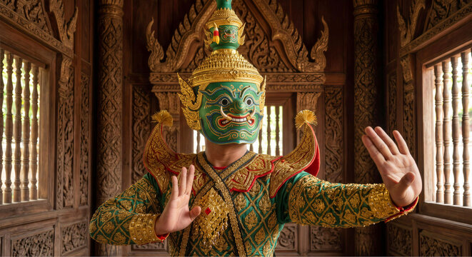 Traditional Thai Khon dancer wearing an elaborate giant mask performing inside a wooden pavilion