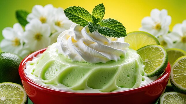 Green lime mousse dessert topped with whipped cream, mint leaves in red bowl. Fresh citrus fruit slices, white flowers decorate wooden table background. Cold sweet creamy pudding treat for summer
