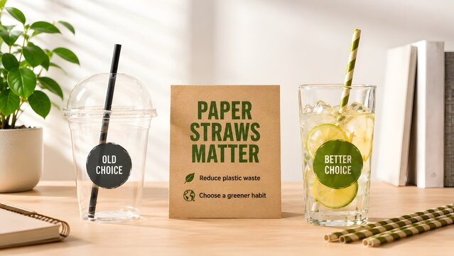 Comparison between single-use plastic cup and eco-friendly glass with paper straws promoting sustainable greener habits and reducing plastic waste.