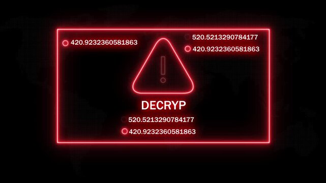 Cyber security decrypt warning interface with glowing red neon warning triangle symbol and rapidly changing numerical data streams for advanced digital threat detection and network protection systems