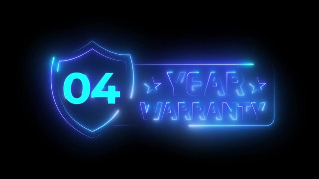 4 year warranty neon sign animation. Glowing blue shield badge for product guarantee.