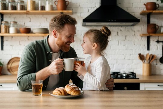 Happy bearded father, young daughter sit together in kitchen. Hold tea mugs near fresh croissants on wooden table. Smiling child looks at dad during breakfast. Family enjoys quality time with hot