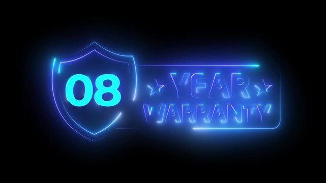 8 year warranty neon sign animation. Glowing blue shield badge for product guarantee.
