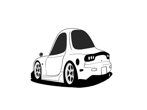 Black and white line art drawing of a stylized custom two-door coupe car with a spoiler and lowered suspension.