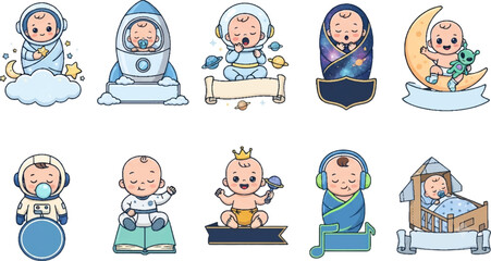 Fototapeta premium Cute baby astronaut vector set with space theme, rockets, and banners. Perfect for nursery decor, baby shower invitations, and kid's crafts.
