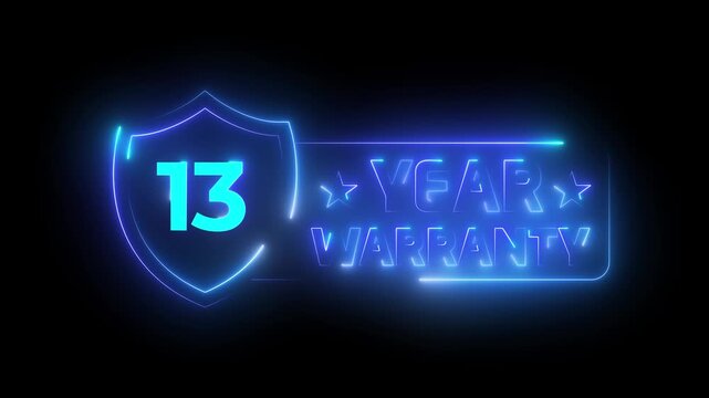 Cyan Neon Light 13 Year Warranty Shield Emblem Animation with Glowing Outline Frame on Dark Background 4k video