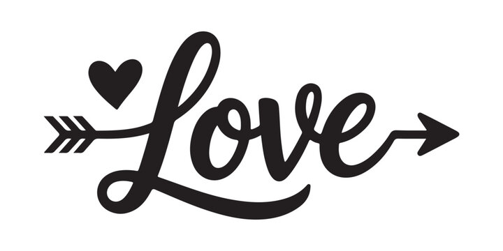 Decorative love word lettering with cupid arrow and heart shape for valentine celebration design.