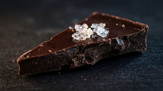 Sea salt flakes resting on dark chocolate shard captured in rich close up macro detail