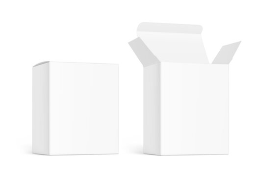 Realistic closed and open paperboard box mockup for design, branding, presentation medicine, food, cosmetic products. 3D hight realistic vector illustration isolated on white background. EPS10.