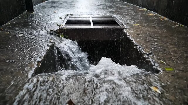 Heavy rainwater flowing rapidly down a narrow concrete alleyway toward a storm drain grate. Churning water flooding a grey urban walkway between tall weathered dark walls during a storm.