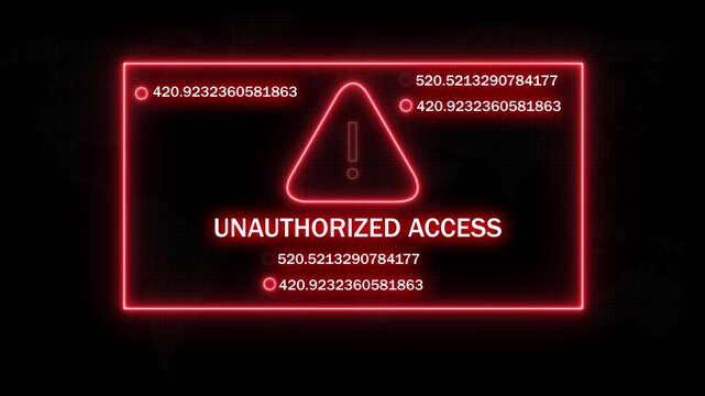 Digital cyber security warning featuring glowing red unauthorized access alert text and warning triangle with dynamic changing data streams for high-tech network intrusion and system breach concepts