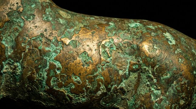 Macro view of weathered bronze surface featuring intense green oxidation and textured verdigris patina from aging