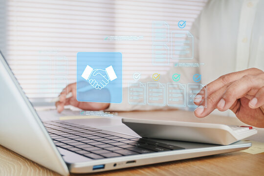 Business professional reviewing digital procurement documents, electronic contract approval, vendor management workflow, supplier agreement, compliance verification, secure procurement system