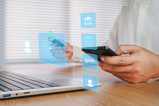 Business professional using smartphone for AI-powered digital payment with secure financial technology interface, mobile banking, online transaction, fintech automation, intelligent payment system