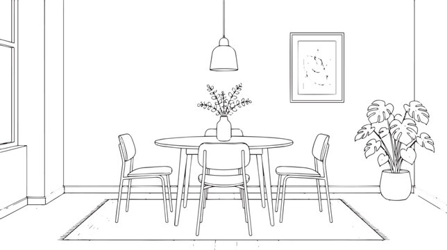 Minimalist dining room line art vector, modern interior sketch with table and chairs, scandinavian home decor outline illustration isolated on White Background