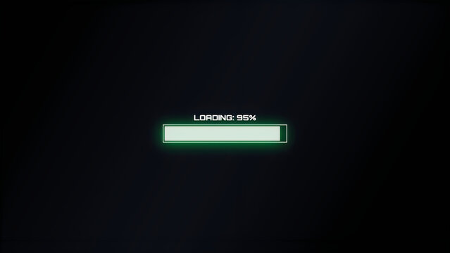 Glowing green loading bar with ninety five percent progress text on a dark black background representing digital technology and computer data processing in a modern interface