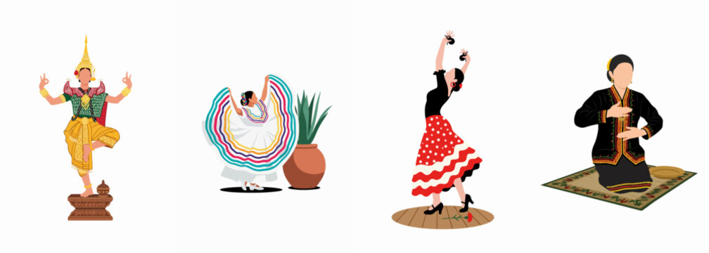 Diverse collection of female dancers in traditional costumes from Thailand, Mexico, Spain, and Indonesia, presented in a clean flat vector illustration style.