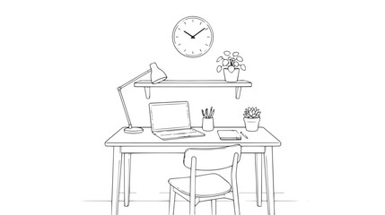 Fototapeta premium Minimalist line art workspace illustration, modern home office desk with laptop and chair, clean interior study room vector sketch isolated on White Background
