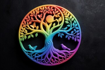 Obraz premium Tree of life symbol with rainbow colors and nature elements like birds and butterflies. Detailed circular design with roots and branches on black background. Represents harmony, balance and growth.