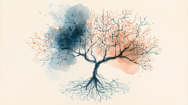 Watercolor Tree Illustration Merging Circuits and Roots.