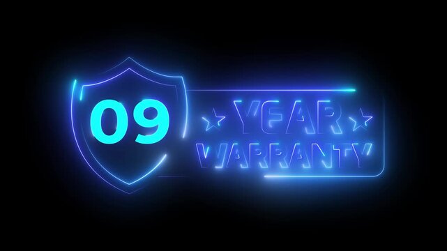 Vibrant Blue Neon 09 Year Warranty Shield Seal Animation with Electric Outline Line Border on Black Overlay 4k video