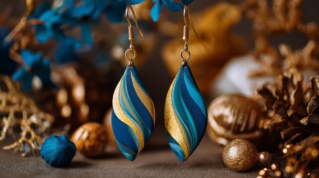 Blue and gold helix earrings handmade from polymer clay on fashion accessories background, elegant modern statement jewelry, contemporary artisan design, stylish minimalist earrings for women, creativ