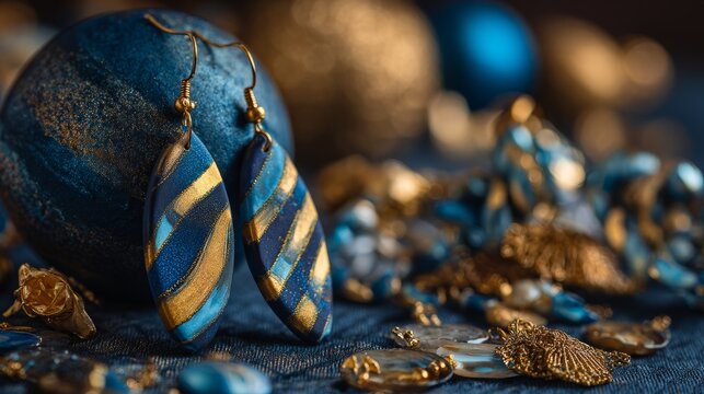 Blue and gold helix earrings handmade from polymer clay on fashion accessories background, elegant modern statement jewelry, contemporary artisan design, stylish minimalist earrings for women, creativ