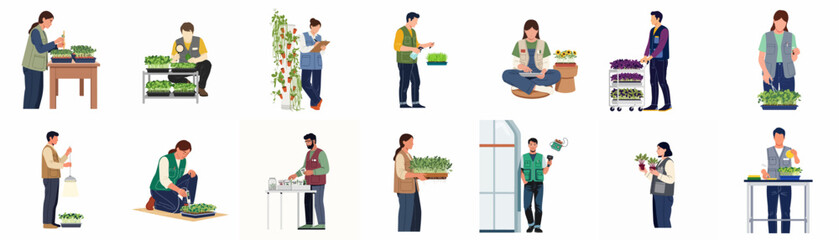 Obraz premium Collection of diverse flat character illustrations depicting people working in an indoor farm or greenhouse, cultivating microgreens and seedlings using modern technology.