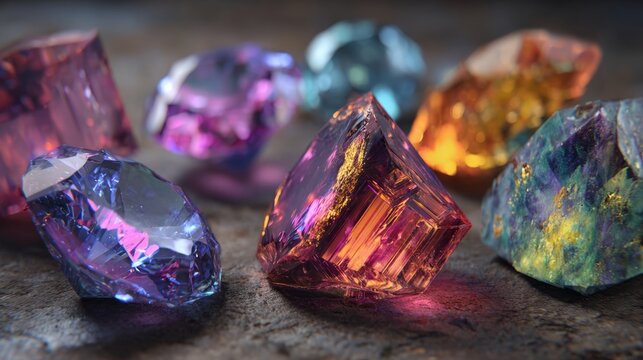 Glowing colorful crystal energy gemstones collection with radiant light, mystical healing minerals, spiritual chakra stones, natural precious gem display isolated on clean background