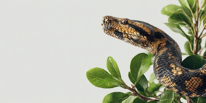Close up of a snake slithering through green foliage against a light background