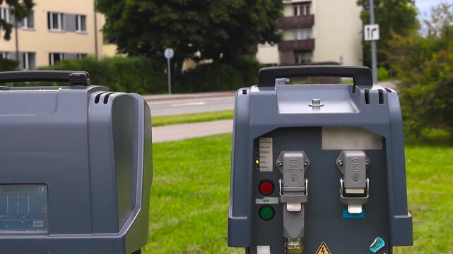 Police mobile speed camera with Lidar technology measuring the speed of passing vehicles on a road. Law enforcement equipment for traffic monitoring, regulation, and issuing speeding tickets