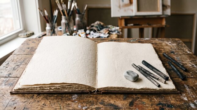 High angle artistic mockup of an open blank drawing notebook with charcoal sticks and eraser on a rustic art table