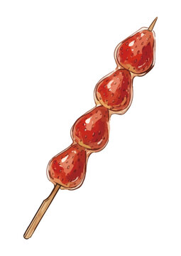 Appetizing tanghulu fruit candy illustration with glossy sugar coating, vibrant fresh fruit and irresistible dessert presentation ／ シズル感のあるフルーツ飴・タンフルのイラスト、艶やかな飴のコーティングとみずみずしい果実を表現した美味しそうなスイーツイラスト