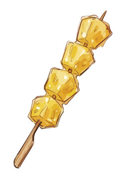 Appetizing tanghulu fruit candy illustration with glossy sugar coating, vibrant fresh fruit and irresistible dessert presentation ／ シズル感のあるフルーツ飴・タンフルのイラスト、艶やかな飴のコーティングとみずみずしい果実を表現した美味しそうなスイーツイラスト