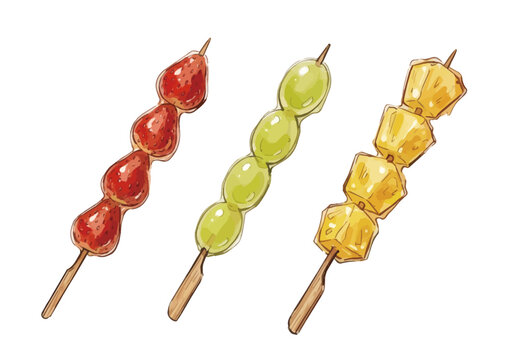Appetizing tanghulu fruit candy illustration with glossy sugar coating, vibrant fresh fruit and irresistible dessert presentation ／ シズル感のあるフルーツ飴・タンフルのイラスト、艶やかな飴のコーティングとみずみずしい果実を表現した美味しそうなスイーツイラスト