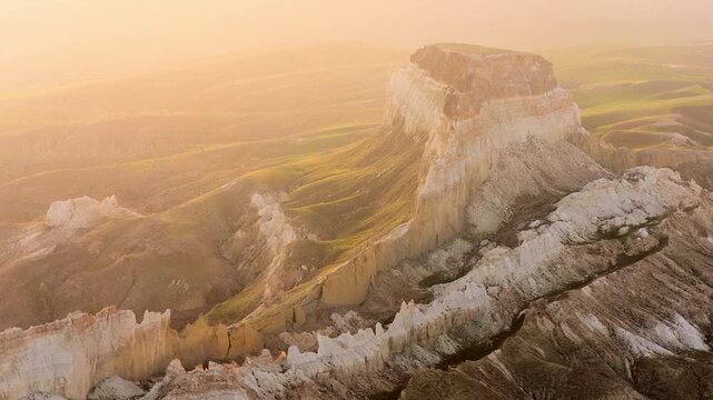 Aerial view of the Airakty mountains featuring dramatic limestone formations, steep cliffs, and grassy slopes bathed in golden hour light in Shetpe, Mangystau Region, Kazakhstan.