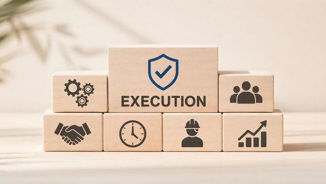 Business strategy execution concept with wooden blocks displaying management teamwork planning and progress icons under a secure execution block