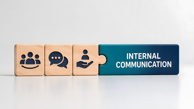 Wooden puzzle pieces with team and chat icons connecting to a blue internal communication block.