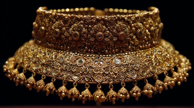 Luxurious indian bridal gold necklace set with traditional ethnic jewelry design, elegant wedding necklace and matching ornament collection, intricate antique style gold accessories for bride, cultura